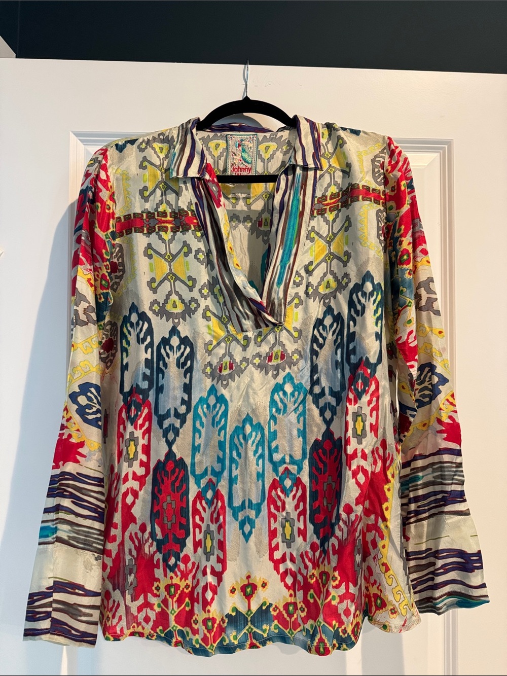 Johnny Was Multicolor Ikat-Print V-Neck Tunic — Red, Blue, Yellow, Green